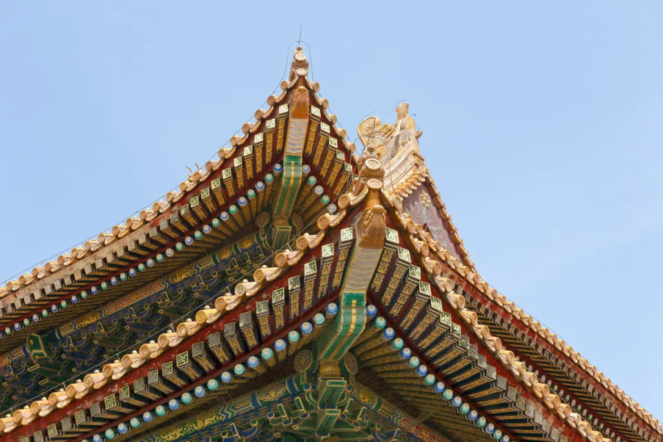 Verbotene Stadt, Tor der höchsten Harmonie, Detail des Daches Verbotene Stadt, Tor der höchsten Harmonie, Detail des Daches