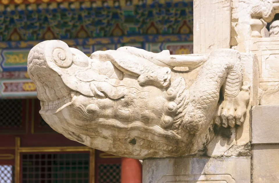 Forbidden City, Hall of Supreme Harmony, dragon sculpture at the corner of the marble terrace Forbidden City, Hall of Supreme Harmony, dragon sculpture at the corner of the marble terrace
