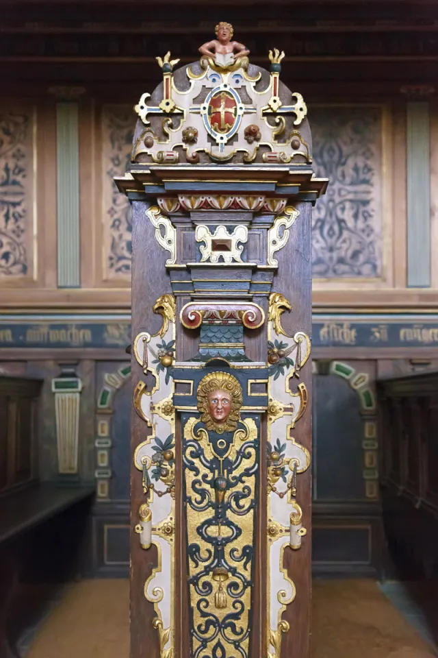 Schloss Kronborg, Kapelle, Detail einer Kirchenbank