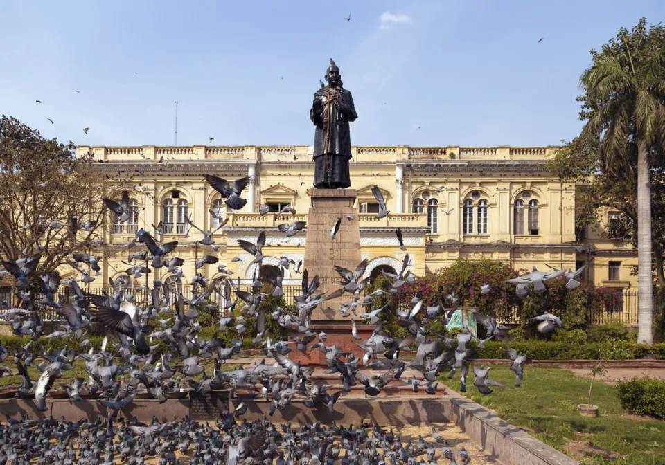Rathaus von Delhi, Tauben fliegen vor der Statue von Samy Shradhanand hoch