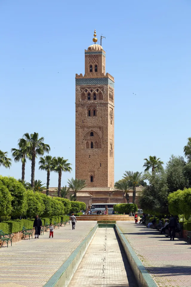 Koutoubia-Moschee, Minaret, Aussicht vom Lalla-Hasna-Park