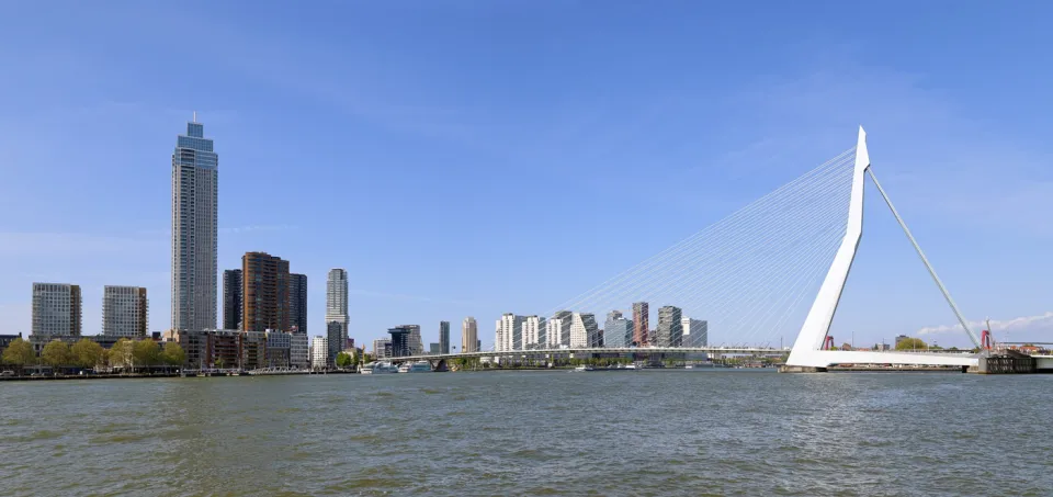 Aussicht auf Centrum von Kop van Zuid, mit den Zalmhaven-Türmen und der Erasmusbrücke