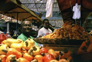 Händler in der städtischen Markthalle verkaufen Cashew- und Umbu-Früchte