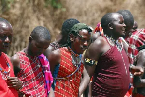 Massai beim Singen und Aufführen eines traditionellen Tanzes