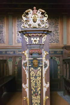 Schloss Kronborg, Kapelle, Detail einer Kirchenbank