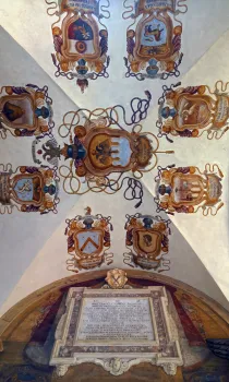 Palast des Archiginnasio, Kreuzgewölbe mit Wappenfresko und Gedenktafel